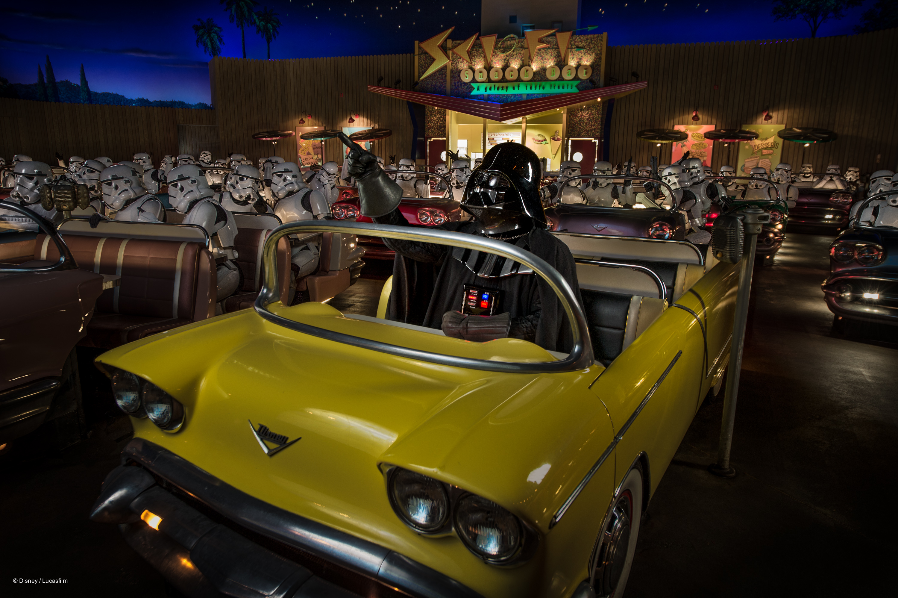 Darth Vader in a car at Sci Fi Dine In Theater Star Wars Weekends Breakfast