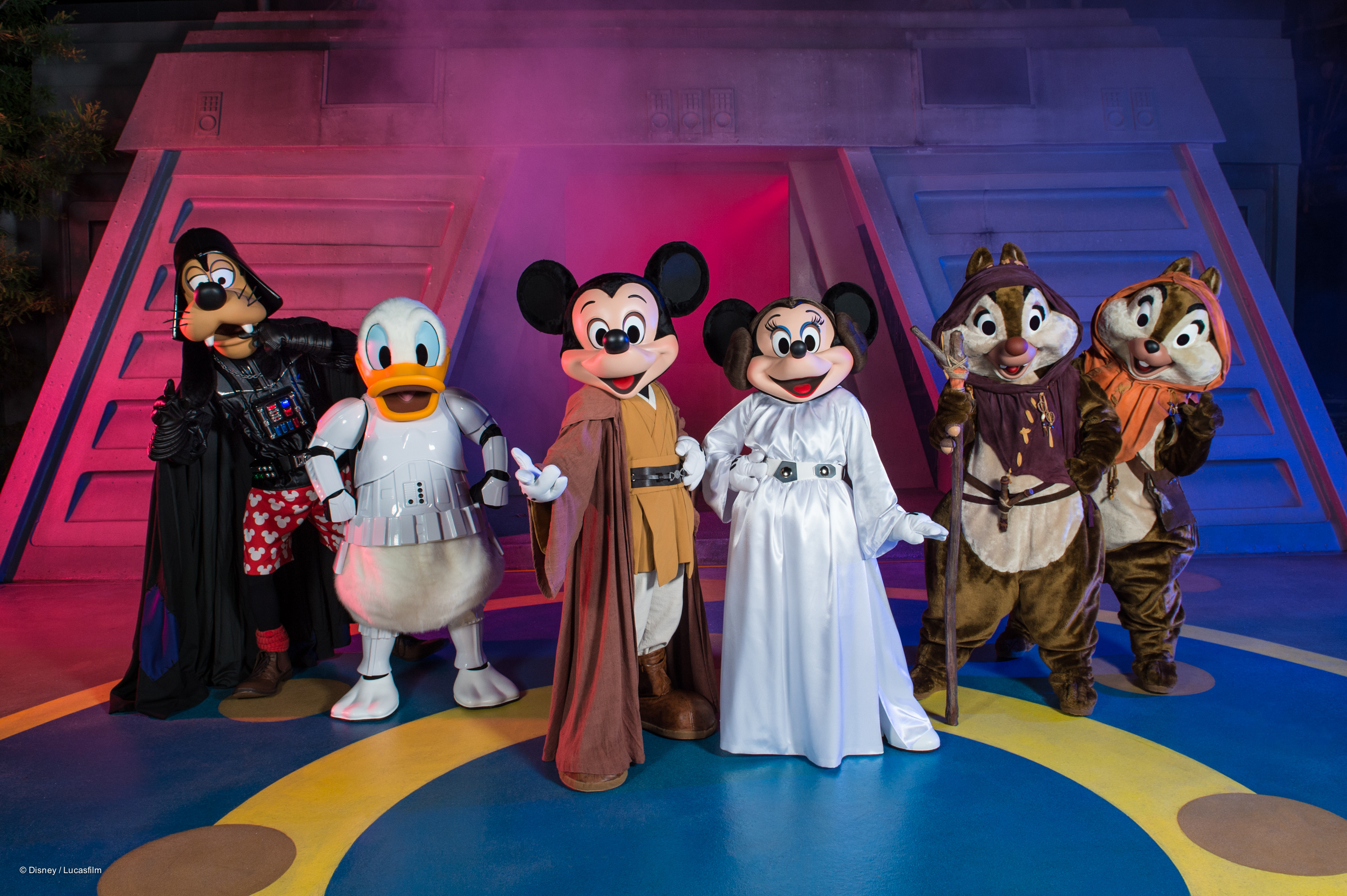 Jedi Mickey, Princess Leia Minnie, Chip n Dale Ewoks, Darth Goofy, Stormtrooper Donald at Star Wars Weekends